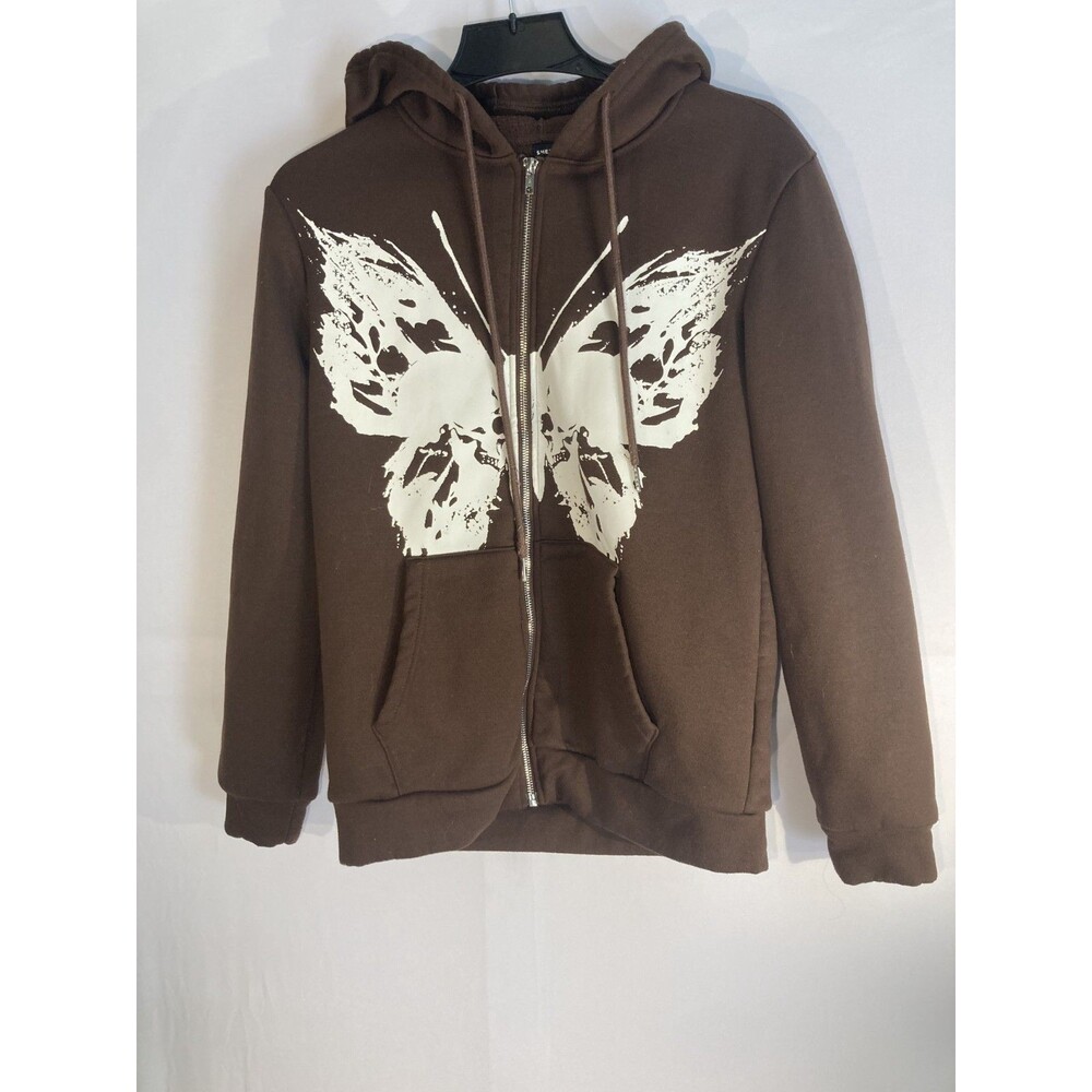 SHEIN Brown Butterfly Skull Zip Up Hoodie Womens Small Grunge Goth Y2K Alt Fairy